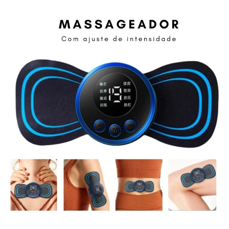 Mini massageador elétrico, alívio da dor muscular.