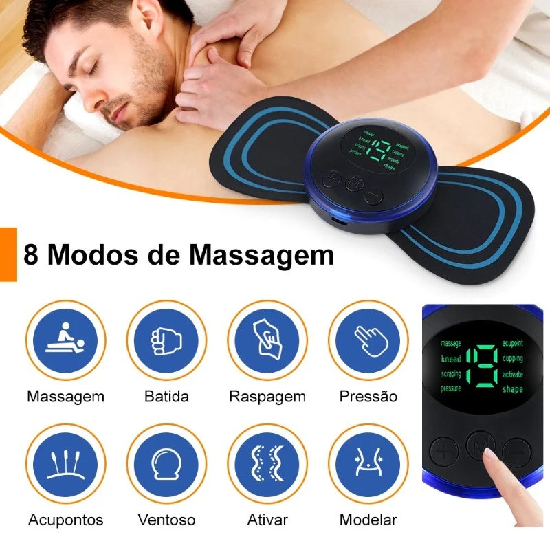 Mini massageador elétrico, alívio da dor muscular.