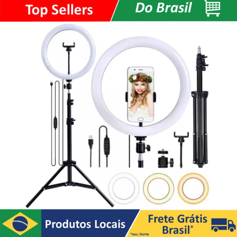 Kit Profissional Ring Light, Kit Completo, 2.1M, Tripé Universal, Controle Remoto, 6, 8, 10, 12, 18